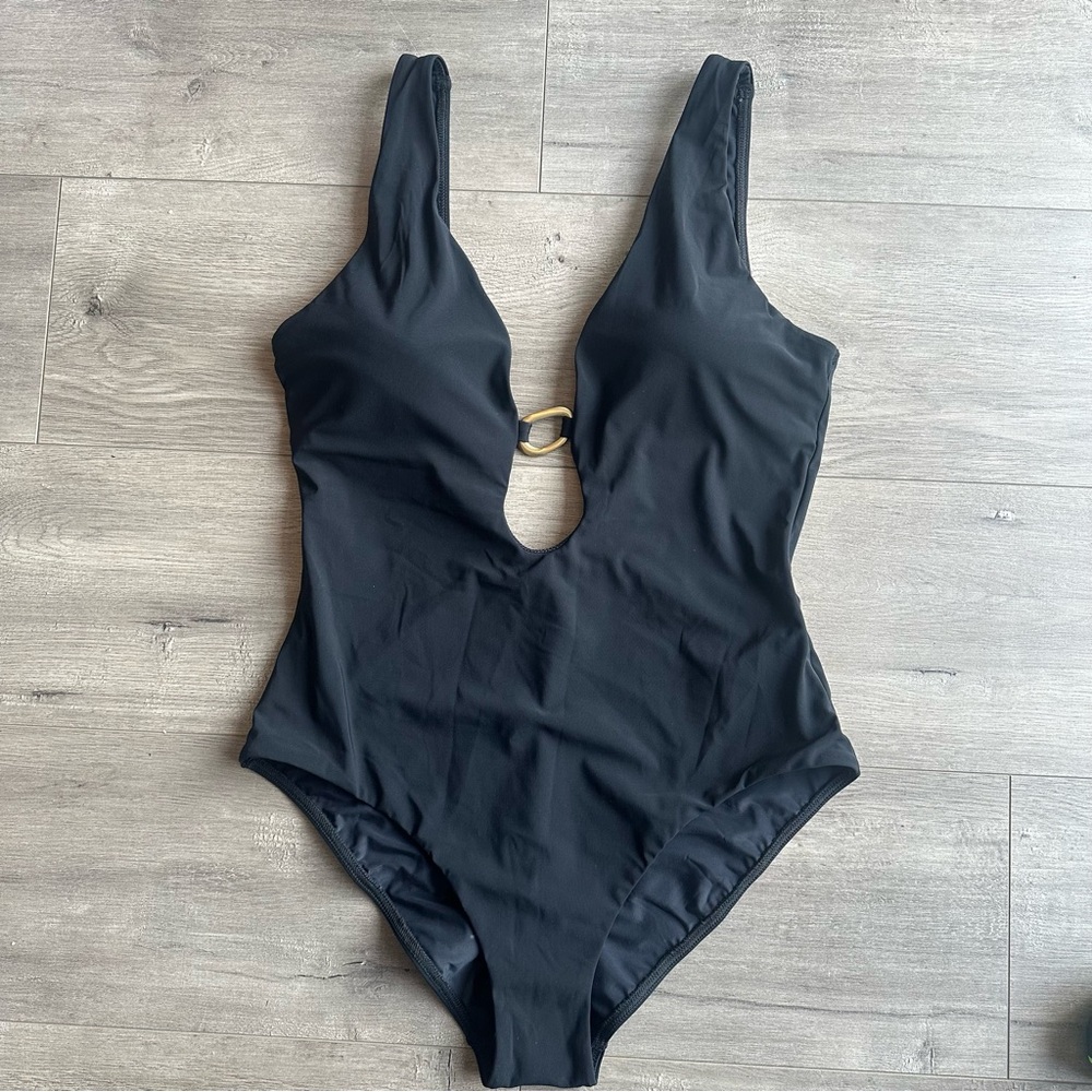 JETS Australia Black One-Piece Scoop Plunge Swimsuit with Gold Ring